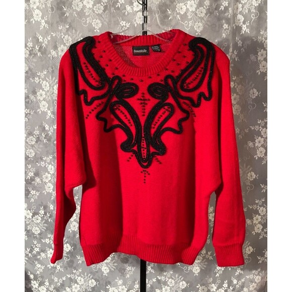 Vintage 80s Sweater 1980s Red & Black Whimysgoth Goth Retro Glam Size Large - Picture 1 of 8